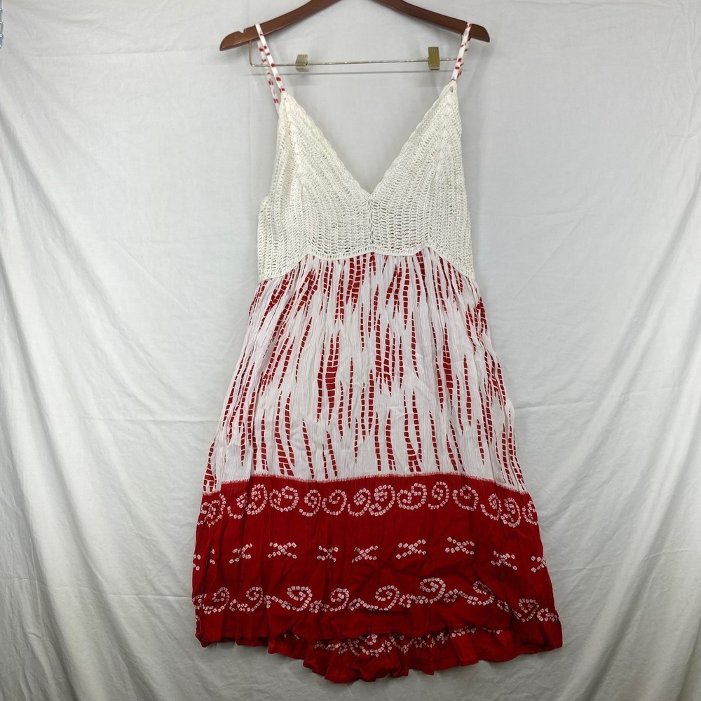 Colorz India Womens XL Red White Crochet Boho Tie Dye Smocked Sun Dress India